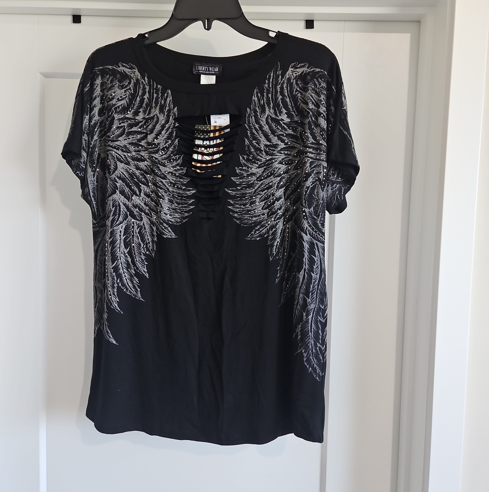 Liberty Rider Black Short-Sleeve Tee with Silver Wing Design